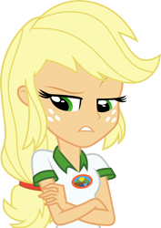 Size: 7000x9907 | Tagged: safe, artist:luckreza8, applejack, equestria girls, legend of everfree, absurd resolution, applejack is not amused, clothes, crossed arms, freckles, hatless, missing accessory, raised eyebrow, simple background, solo, transparent background, unamused, vector