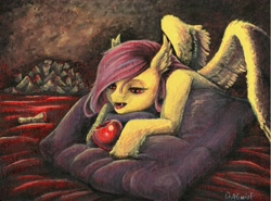 Size: 2560x1896 | Tagged: safe, artist:draltruist, fluttershy, bat pony, pony, acrylic painting, apple, fangs, flutterbat, food, hoof hold, looking at something, open mouth, pillow, prone, race swap, solo, spread wings, traditional art, unshorn fetlocks, wings