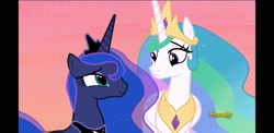 Size: 2220x1080 | Tagged: safe, screencap, princess celestia, princess luna, alicorn, pony, a royal problem, black bars, confused, discovery family logo, duo, ethereal mane, female, mare, royal sisters, simple background, sisters, smiling, starry mane