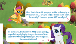 Size: 1016x588 | Tagged: safe, rarity, smolder, pony, unicorn, and then there's rarity, apple, dialogue, food, gameloft