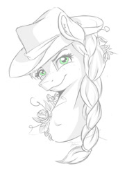 Size: 551x751 | Tagged: safe, artist:topas-art, applejack, earth pony, pony, braid, ear fluff, flower, flower in hair, grayscale, monochrome, neo noir, partial color, simple background, solo