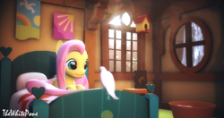 Size: 4096x2160 | Tagged: safe, artist:thewhitepone, fluttershy, dove, pegasus, pony, 3d, cute, female, mare, scenebuild, shyabetes, solo, source filmmaker