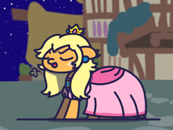 Size: 1280x960 | Tagged: safe, artist:flutterluv, applejack, earth pony, pony, applejack is not amused, clothes, costume, dress, halloween, nightmare night, princess peach, solo, super mario bros., unamused