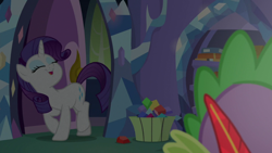 Size: 1920x1080 | Tagged: safe, screencap, rarity, spike, dragon, pony, unicorn, dragon dropped, dark, eyes closed, female, gem, mare, quill, spike's room, twilight's castle, winged spike