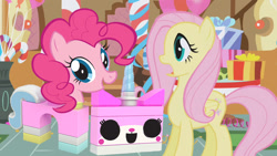 Size: 1280x720 | Tagged: safe, artist:sb1991, fluttershy, pinkie pie, pegasus, pony, crossover, lego, party, similarities, stock vector, story included, sugarcube corner, surprised, the lego movie, unikitty