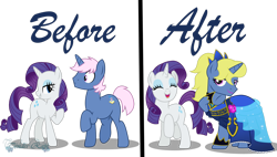 Size: 1280x726 | Tagged: safe, artist:tenderrain46, rarity, oc, oc:azure/sapphire, pony, unicorn, before and after, clothes, crossdressing, dress, femboy, male, simple background, stallion, transparent background