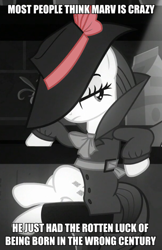 Size: 573x885 | Tagged: safe, edit, edited screencap, screencap, rarity, pony, unicorn, sparkle's seven, caption, clothes, coat, costume, cropped, crossed legs, detective, detective rarity, fedora, hat, hat over eyes, image macro, leaning, lidded eyes, meme, monochrome, neo noir, partial color, sin city, text