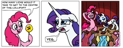 Size: 954x375 | Tagged: safe, artist:gingerfoxy, pinkie pie, rarity, pony, scorpion, unicorn, pony comic generator, candy, comic, flower, food, lollipop, rose, stage, tootsie pop