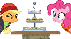 Size: 15010x8300 | Tagged: safe, artist:cyanlightning, applejack, pinkie pie, earth pony, pony, ppov, absurd resolution, captain jackbeard, cucumber sandwiches, cupcake, food, sandwich, simple background, table, transparent background, vector