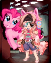 Size: 481x599 | Tagged: safe, pinkie pie, earth pony, human, pony, gaia online, headphones, humanized, pirate, pirate pinkie pie, pronking, smiling