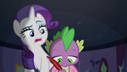 Size: 1920x1080 | Tagged: safe, screencap, rarity, spike, dragon, pony, unicorn, dragon dropped, duo, female, male, mare, quill, spike's room, twilight's castle, winged spike