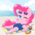 Size: 500x500 | Tagged: safe, artist:omegaozone, pinkie pie, earth pony, pony, animated, beach, blush sticker, blushing, clothes, female, frame by frame, gif, looking at you, mare, one eye closed, one-piece swimsuit, pony dating simulator, smiling, solo, sunglasses, sunscreen, swimsuit, towel, wink