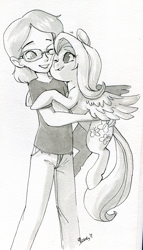 Size: 1096x1920 | Tagged: safe, artist:php27, fluttershy, oc, human, pegasus, pony, cheek squish, hug, human male, looking at each other, male, monochrome, smiling, spread wings, squishy cheeks, traditional art, watercolor painting, wings