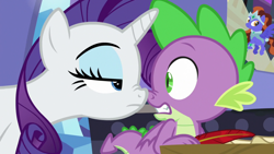 Size: 1920x1080 | Tagged: safe, screencap, rarity, spike, dragon, pony, unicorn, dragon dropped, duo, female, male, mare, nose to nose, nose wrinkle, quill, spike's room, twilight's castle, winged spike