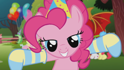 Size: 1920x1080 | Tagged: safe, screencap, apple bloom, fluttershy, gummy, pinkie pie, scootaloo, sweetie belle, earth pony, manticore, pegasus, pony, balloon, clothes, cutie mark crusaders, happy birthday to you!, lidded eyes, missing cutie mark, socks, striped socks