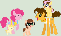 Size: 889x525 | Tagged: safe, artist:lost-our-dreams, cheese sandwich, pinkie pie, oc, oc:cotton candy chocolate sprinkles, oc:smart cookie, oc:string cheese, earth pony, pegasus, pony, apron, baby, baby pony, base used, cheesepie, clothes, colt, female, filly, male, offspring, parent:cheese sandwich, parent:pinkie pie, parents:cheesepie, shipping, straight