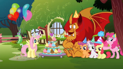 Size: 1920x1080 | Tagged: safe, screencap, apple bloom, fluttershy, gummy, manny roar, pinkie pie, scootaloo, sweetie belle, manticore, pegasus, pony, animation error, balloon, cupcake, cute, cutie mark crusaders, food, great moments in animation, happy birthday to you!, hat, missing cutie mark, netflix, party hat