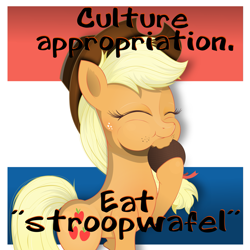 Size: 1701x1701 | Tagged: safe, artist:coltsteelstallion, applejack, earth pony, pony, cultural appropriation, cute, dutch, eating, eyes closed, food, gameleon, inside joke, jackabetes, nightmare nights dallas, solo, stroopwafel