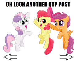 Size: 1253x993 | Tagged: safe, apple bloom, scootaloo, sweetie belle, cutie mark crusaders, exploitable meme, meme, otp, simple background, vector, white background