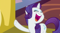 Size: 1920x1080 | Tagged: safe, screencap, rarity, pony, unicorn, dragon dropped, eyes closed, female, laughing, mare, open mouth, raised hoof, solo