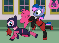 Size: 1077x789 | Tagged: safe, artist:author92, pinkie pie, oc, earth pony, pony, series:siege of canterlot, brightly colored ninjas, canterlot, fight, kunoichi, martial arts, mask, ninja, surprised, sweep kick, unmasked