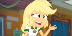 Size: 1769x897 | Tagged: safe, screencap, applejack, equestria girls, legend of everfree, blooper, cropped, faic, hatless, missing accessory, silly, silly human, solo, who's a silly human