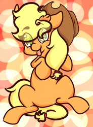 Size: 1974x2681 | Tagged: safe, artist:hedgehog-plant, applejack, earth pony, pony, abstract background, female, mare, on back, solo, tongue out