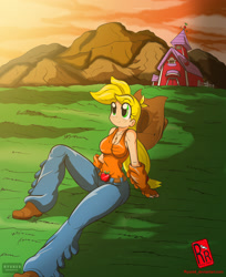 Size: 1735x2126 | Tagged: safe, artist:ryured, applejack, human, applerack, breasts, cleavage, clothes, female, field, humanized, jeans, looking up, pants, sitting, solo, sweet apple acres, tanktop