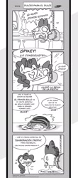 Size: 1024x2329 | Tagged: safe, artist:anonycat, artist:loreto-arts, pinkie pie, spike, dragon, earth pony, pony, comic:friendship is innuendo, spanish, translation