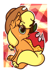 Size: 2120x2951 | Tagged: safe, artist:hedgehog-plant, applejack, earth pony, pony, abstract background, apple, female, food, mare, sitting, solo