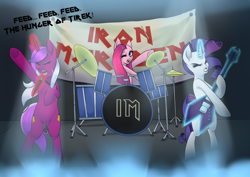 Size: 1024x724 | Tagged: safe, artist:quila111, pinkie pie, rarity, oc, oc:burning passion, pony, unicorn, bipedal, drums, glowing horn, guitar, iron maiden, iron mareden, lights, magic, microphone, ponified, stage, telekinesis