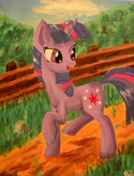 Size: 2872x3752 | Tagged: safe, derpibooru import, twilight sparkle, cute, fence, happy, oil painting, picture, road, russian, traditional art, trotting, twily