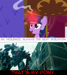 Size: 854x956 | Tagged: safe, derpibooru import, edit, edited screencap, screencap, twilight sparkle, pony, unicorn, too many pinkie pies, female, mare, meme, optimus prime, overheated horn, that's my pony, that's my x, transformers