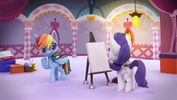 Size: 1920x1080 | Tagged: safe, screencap, rarity, pony, unicorn, my little pony: pony life, my little pony: stop motion short, rarity's paintful pony portrait, beret, drawing, easel, happy, hat, looking at something, magic, pencil, solo, stop motion, telekinesis