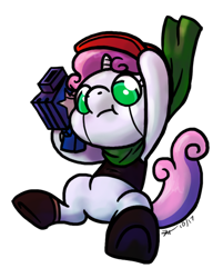 Size: 365x454 | Tagged: safe, artist:zicygomar, sweetie belle, sweetie bot, pony, robot, unicorn, cave story, female, filly, foal, hooves, horn, quote (cave story), simple background, solo, weapon, white background