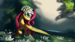 Size: 4438x2520 | Tagged: safe, artist:auroriia, fluttershy, pegasus, pony, cute, female, flower, flower in hair, looking up, mare, outdoors, raised hoof, scenery, shyabetes, signature, smiling, solo, standing, water