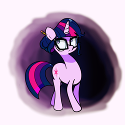 Size: 2000x2000 | Tagged: safe, artist:turtlefarminguy, derpibooru import, sci-twi, twilight sparkle, pony, unicorn, alternate hairstyle, equestria girls ponified, glasses, hilarious in hindsight, pencil, ponified, ponytail, solo, unicorn sci-twi