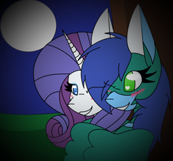 Size: 2336x2168 | Tagged: safe, artist:silenceshadowwolf, rarity, oc, oc:flashy, pegasus, pony, unicorn, blush sticker, blushing, canon x oc, female, lesbian, moon, request, shipping