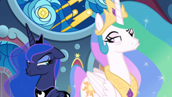 Size: 1920x1080 | Tagged: safe, screencap, princess celestia, princess luna, alicorn, pony, sparkle's seven, annoyed, canterlot castle, canterlot throne room, celestia is not amused, crown, discovery family logo, duo, ethereal mane, faic, female, frown, grumpy, grumpy celestia, grumpy luna, jewelry, lidded eyes, looking at each other, luna is not amused, mare, narrowed eyes, not amused face, raised eyebrow, regalia, royal sisters, sideways glance, sisters, stained glass, starry mane, this will end in tears and/or a journey to the moon, throne