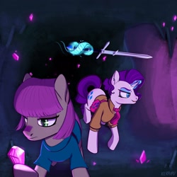 Size: 2560x2560 | Tagged: safe, artist:kerpupu, maud pie, rarity, pony, unicorn, alternate hairstyle, clothes, explorer outfit, gem, magic, shirt, spelunking, sword, weapon