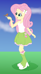 Size: 1334x2359 | Tagged: safe, artist:cybersquirrel, fluttershy, bird, equestria girls, bird on hand, boots, clothes, female, flat color, high heel boots, shoes, skirt, socks, solo