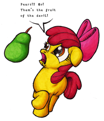 Size: 989x1158 | Tagged: safe, artist:darkone10, apple bloom, bow, dialogue, female, floppy ears, fruit of the devil, hilarious in hindsight, pear, runs in the family, scared, simple background, solo, speech bubble, that pony sure does hate pears, white background