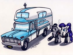 Size: 1024x772 | Tagged: safe, artist:sketchywolf-13, rarity, oc, oc:sketchy, earth pony, pony, unicorn, camper, cigarette, clothes, cutie mark, female, ford, ford f-150, horn, male, mare, pickup truck, simple background, smoking, stallion, traditional art, white background