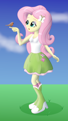 Size: 1334x2359 | Tagged: safe, artist:cybersquirrel, fluttershy, bird, equestria girls, bird on hand, boots, clothes, female, high heel boots, shading, shoes, skirt, socks, solo