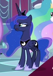 Size: 571x819 | Tagged: safe, screencap, princess celestia, princess luna, alicorn, pony, sparkle's seven, cropped, drool, female, flehmen response, horses doing horse things, jewelry, luna is not amused, offscreen character, regalia, unamused, wings