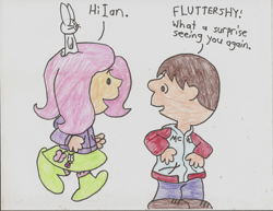 Size: 3308x2550 | Tagged: safe, angel bunny, fluttershy, oc, oc:ian, human, boots, charles m schulz, charlie brown, clothes, hand drawing, hoodie, ianshy, jacket, peanuts, shoes, sketch, skirt, style emulation, traditional art