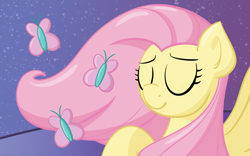 Size: 2560x1600 | Tagged: safe, artist:ashtoneer, fluttershy, butterfly, pegasus, pony, bust, eyes closed, portrait, smiling, solo