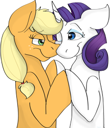 Size: 1900x2207 | Tagged: safe, artist:g-elric, applejack, rarity, earth pony, pony, unicorn, female, holding hooves, lesbian, looking at each other, mare, one eye closed, rarijack, shipping, simple background, smiling, transparent background