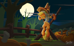 Size: 2560x1600 | Tagged: safe, artist:mysticalpha, applejack, earth pony, pony, luna eclipsed, clothes, costume, moon, night, nightmare night costume, pumpkin, scarecrow, solo, tree