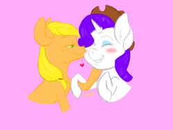 Size: 1600x1200 | Tagged: safe, artist:furrykitfox, applejack, rarity, earth pony, pony, unicorn, applejack's hat, blushing, cowboy hat, eyes closed, female, hat, heart, kiss on the cheek, kissing, lesbian, lidded eyes, mare, rarijack, shipping, simple background, smiling